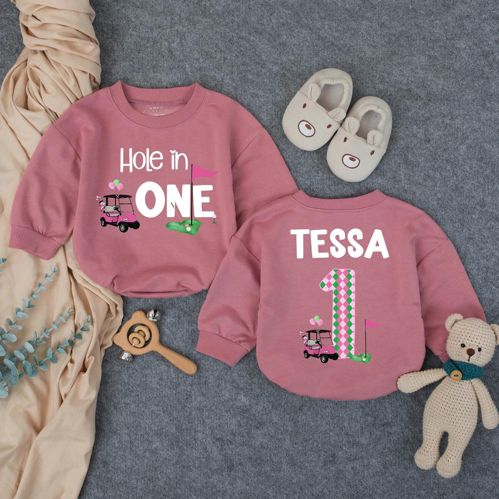 Personalized Hole in One First Birthday Outfit for Baby Girl, Pink Golf Themed Romper with Name, Fun Cake Smash Party Gift
