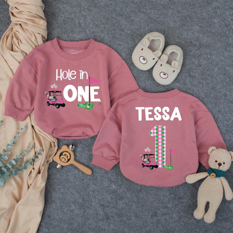 Personalized Hole in One First Birthday Outfit for Baby Girl, Pink Golf Themed Romper with Name, Fun Cake Smash Party Gift