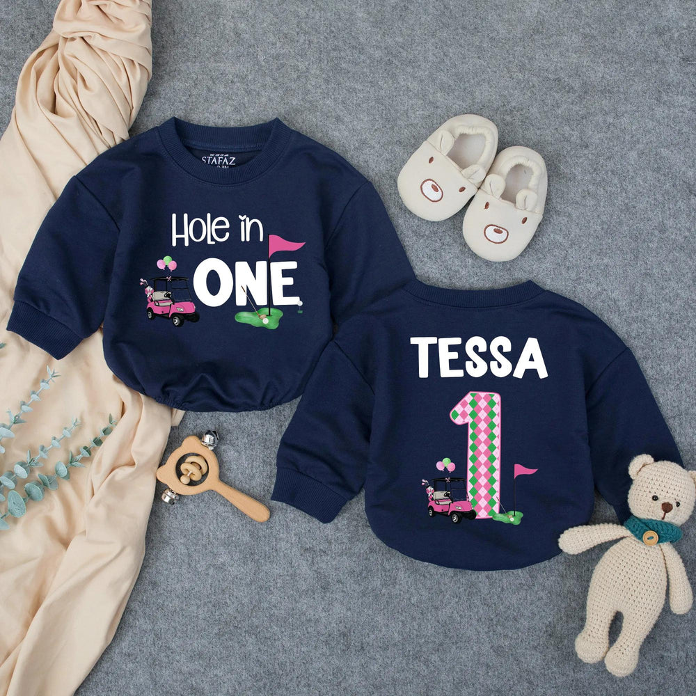 Personalized Hole in One First Birthday Outfit for Baby Girl, Pink Golf Themed Romper with Name, Fun Cake Smash Party Gift