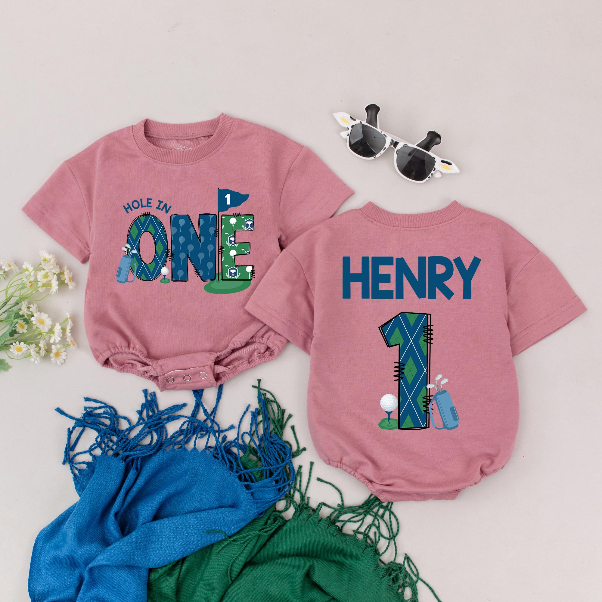 Personalized Hole in One Golf Romper for Baby Boy Birthday Outfit Fun Blue Green Design First Birthday Celebration Custom Name