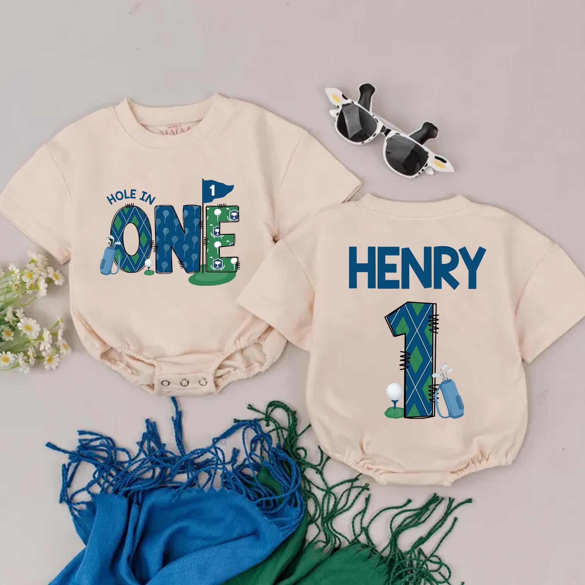 Personalized Hole in One Golf Romper for Baby Boy Birthday Outfit Fun Blue Green Design First Birthday Celebration Custom Name