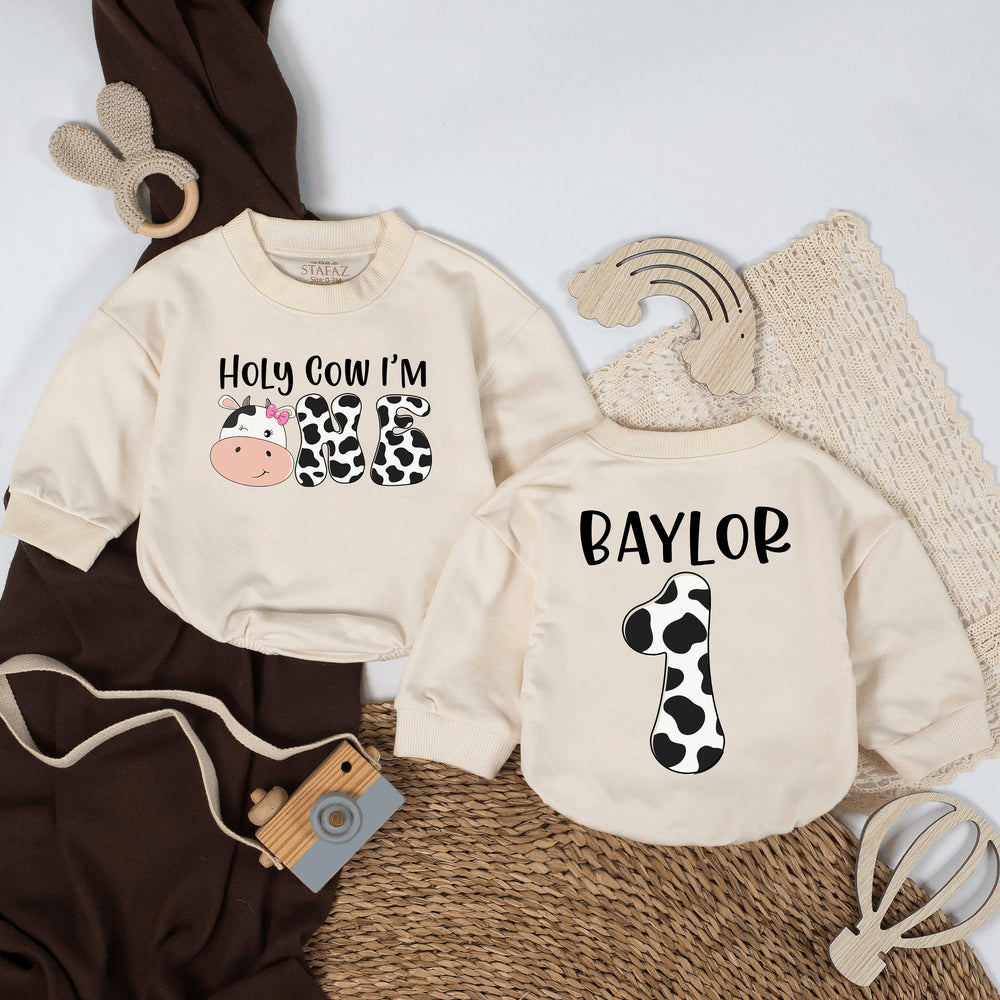 Personalized Holy Cow I'm One Baby Romper with Cow Print Bow Birthday Outfit Toddler Farm Party Clothes, Custom Name Cotton Gift