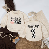 Personalized Holy Cow I'm One Baby Romper with Cow Print Bow Birthday Outfit Toddler Farm Party Clothes, Custom Name Cotton Gift