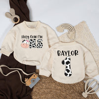 Personalized Holy Cow I'm One Baby Romper with Cow Print Bow Birthday Outfit Toddler Farm Party Clothes, Custom Name Cotton Gift