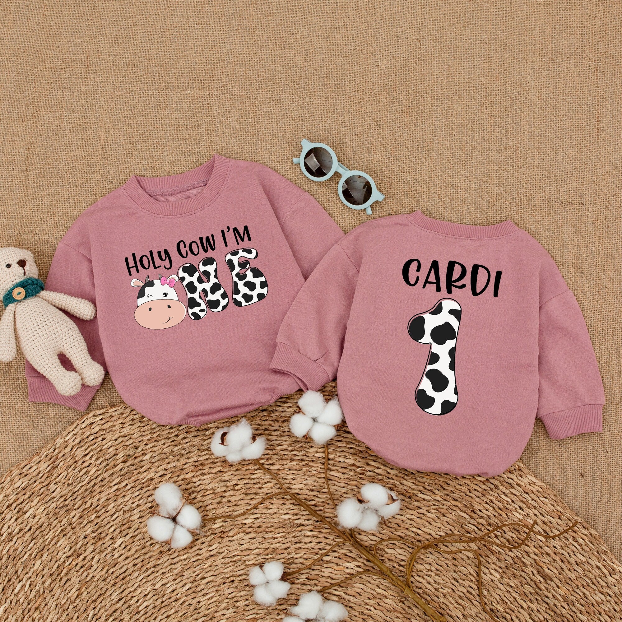 Personalized Holy Cow I'm One Romper Fun Cow Print Birthday Bodysuit Baby Girl Boy Party Outfit Soft Cotton Farm Theme Custom Gift