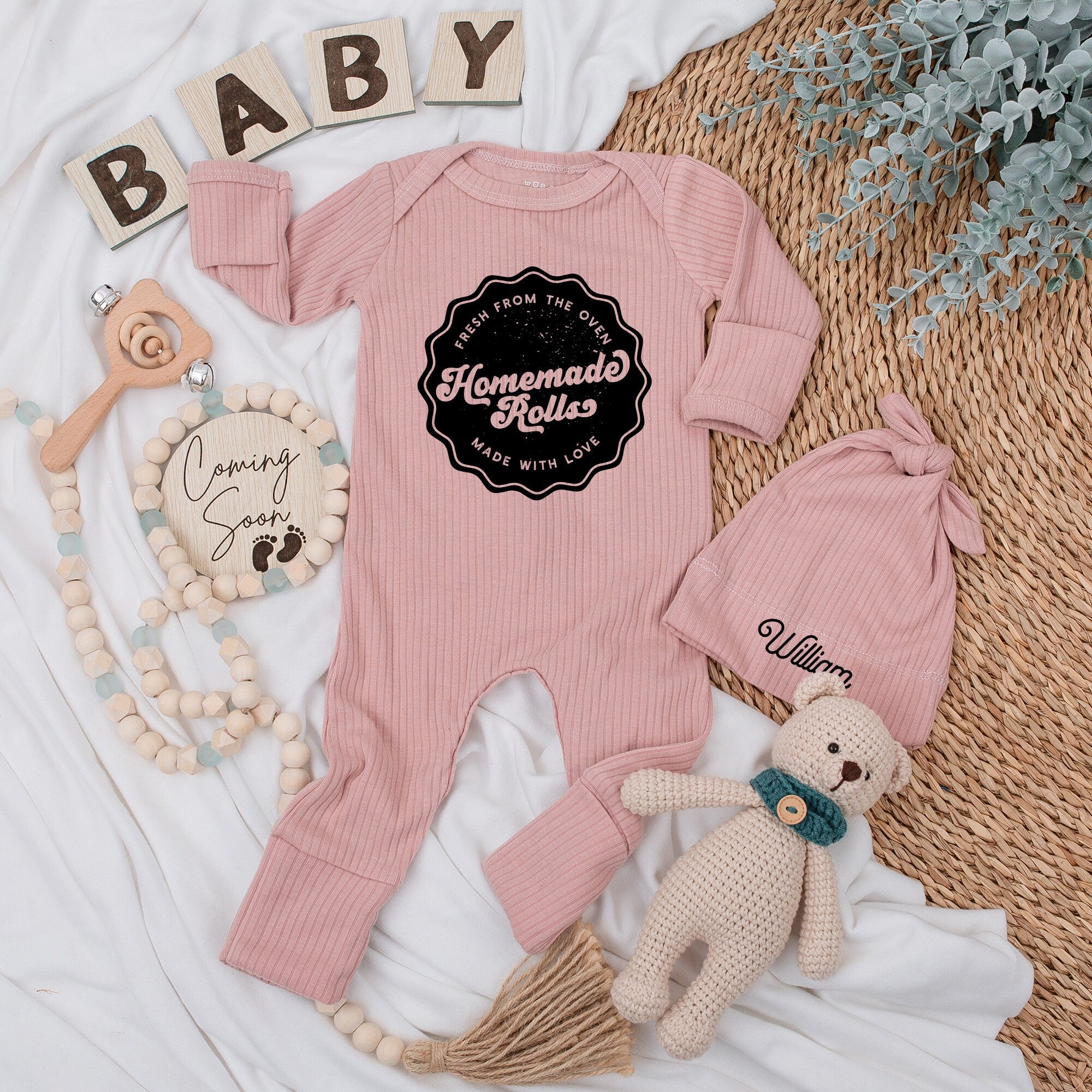 Personalized Homemade Rolls Baby Bodysuit and Hat Set Cute Gift Retro Script Cotton Newborn Outfit Comfortable Going Home Clothes