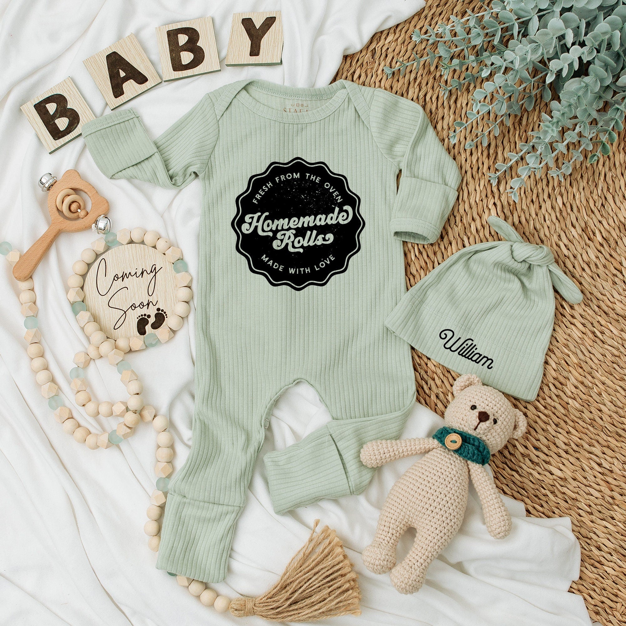 Personalized Homemade Rolls Baby Bodysuit and Hat Set Cute Gift Retro Script Cotton Newborn Outfit Comfortable Going Home Clothes