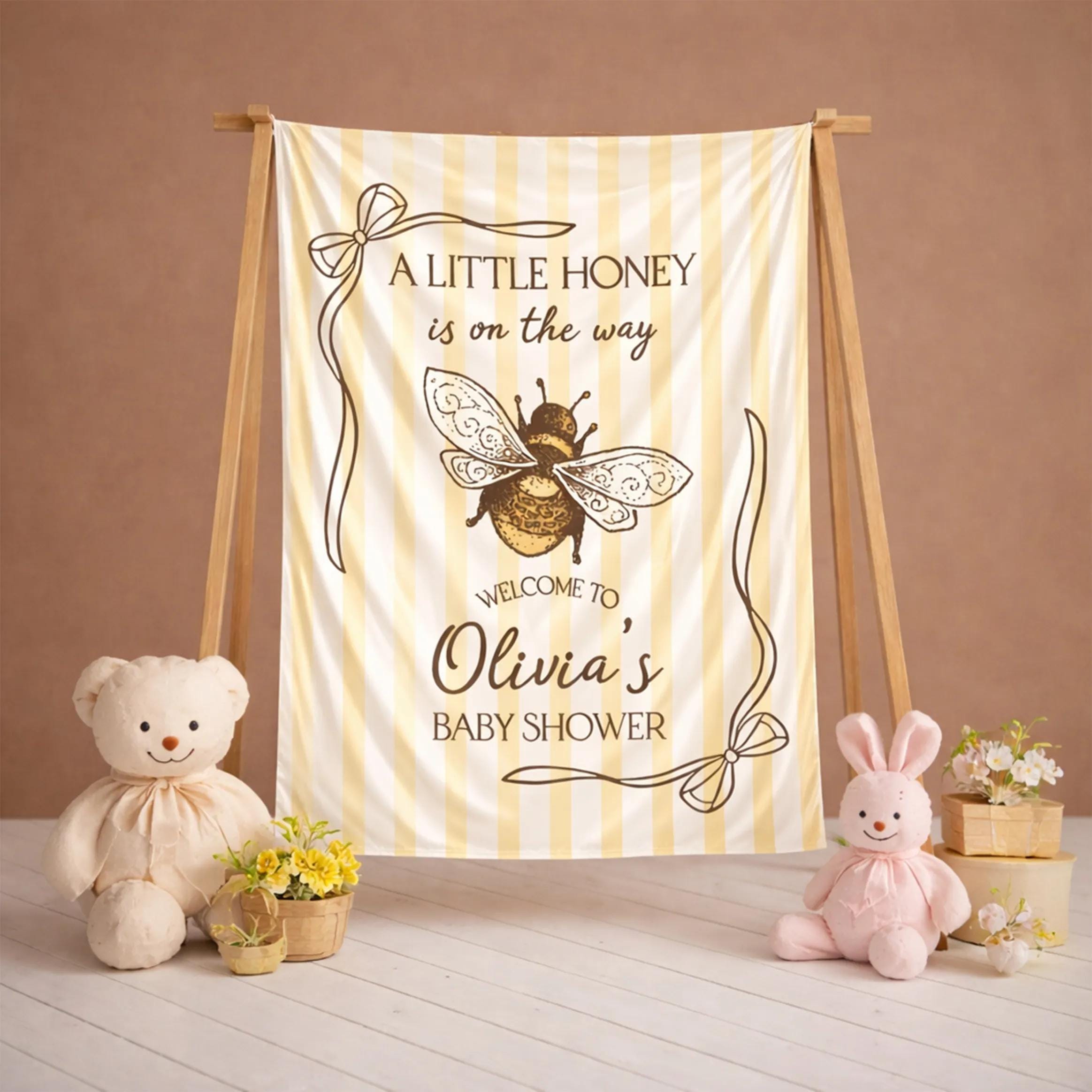Personalized Honey Bee Baby Shower Welcome Sign with Vintage Bumblebee Illustration, Soft Pastel Yellow Striped Backdrop and Custom Name