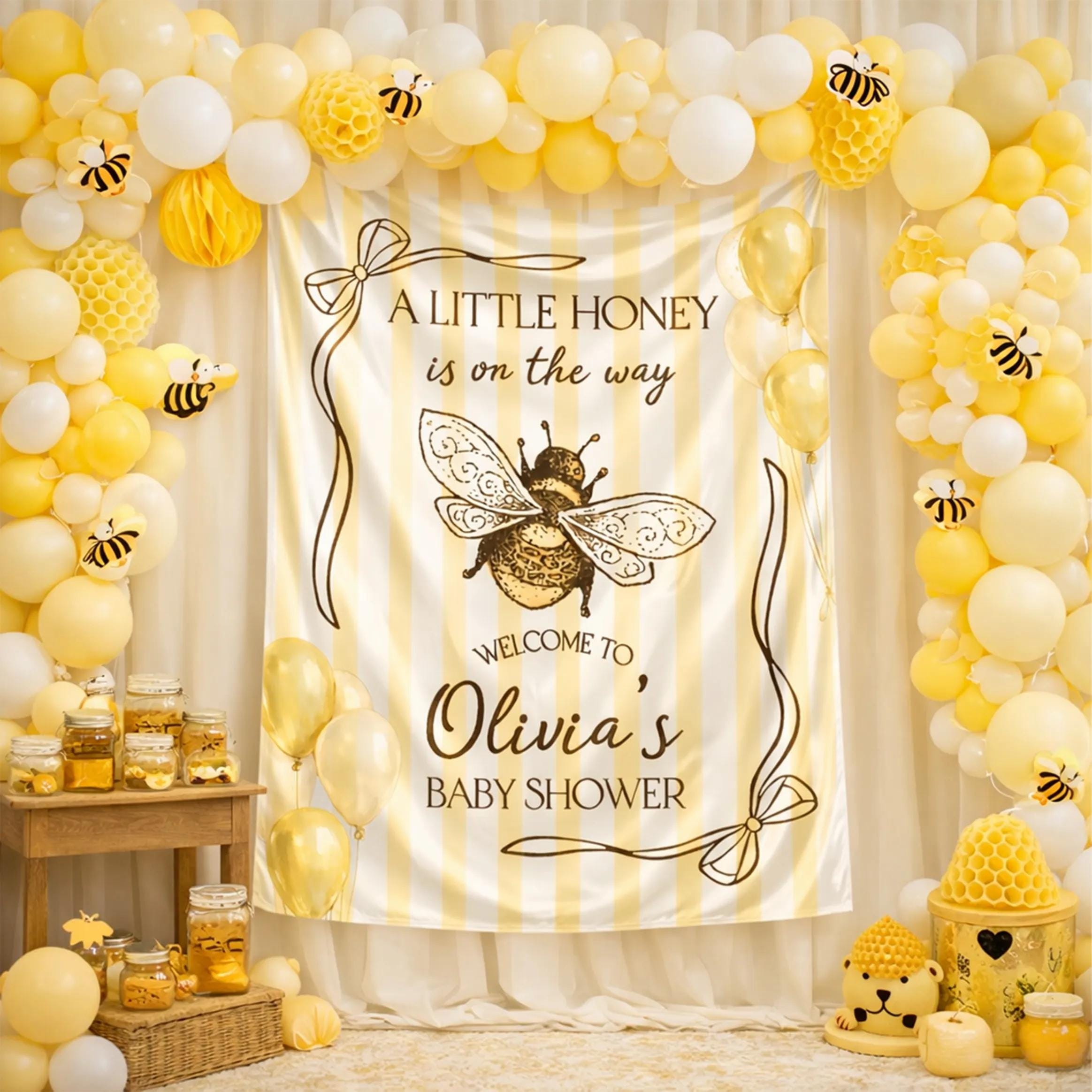 Personalized Honey Bee Baby Shower Welcome Sign with Vintage Bumblebee Illustration, Soft Pastel Yellow Striped Backdrop and Custom Name