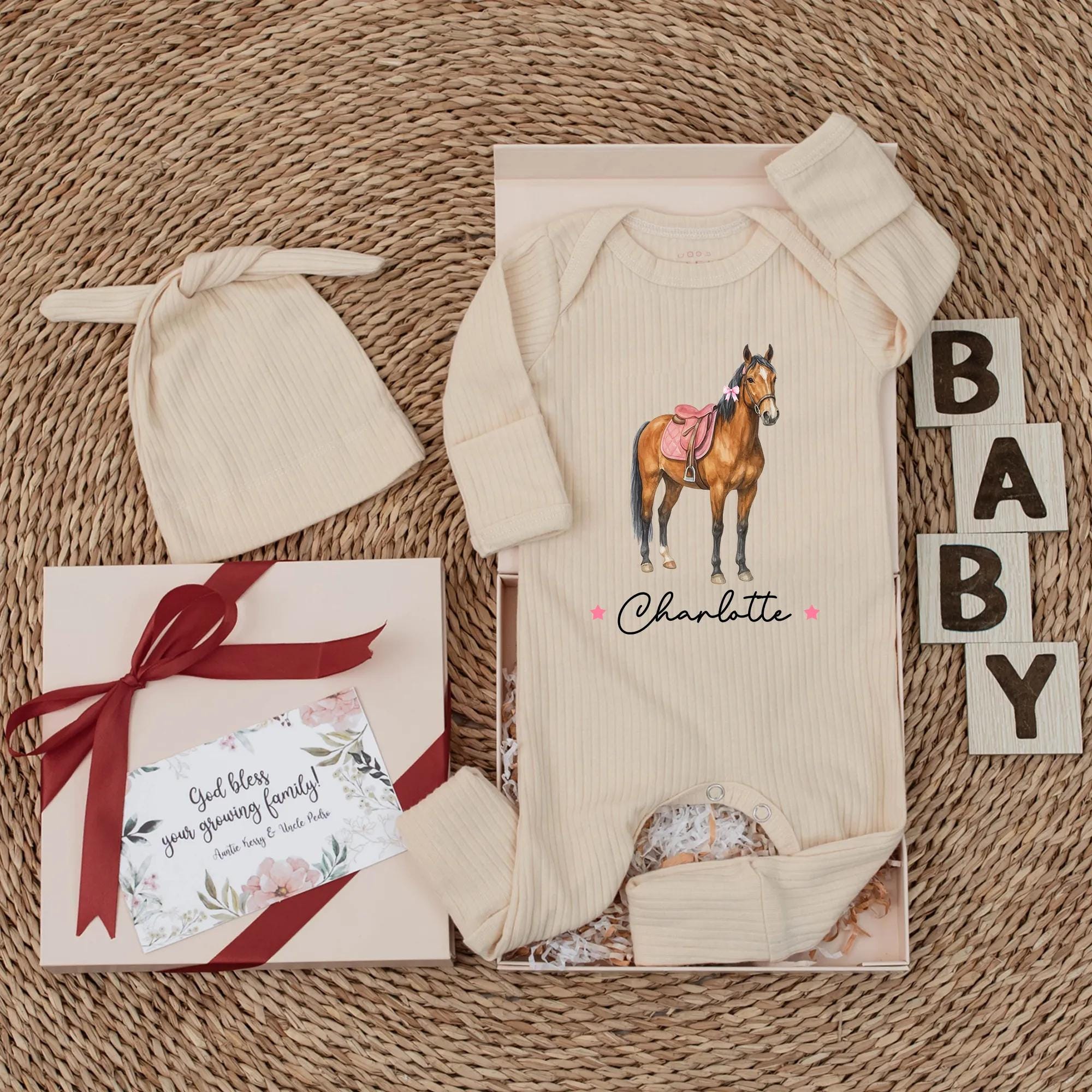 Personalized Horse Baby Girl Bodysuit with Pink Saddle Western Theme Cute Animal Romper Newborn Outfit Charlotte's Name Baby Shower Gift