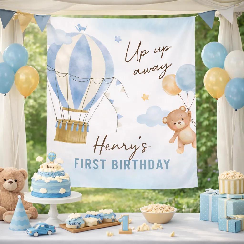 Personalized Hot Air Balloon First Birthday Banner for Baby Boy, Blue Teddy Bear Party Backdrop with Clouds and Stars, Custom Decor