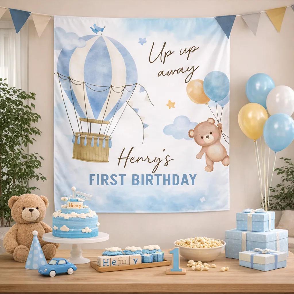 Personalized Hot Air Balloon First Birthday Banner for Baby Boy, Blue Teddy Bear Party Backdrop with Clouds and Stars, Custom Decor
