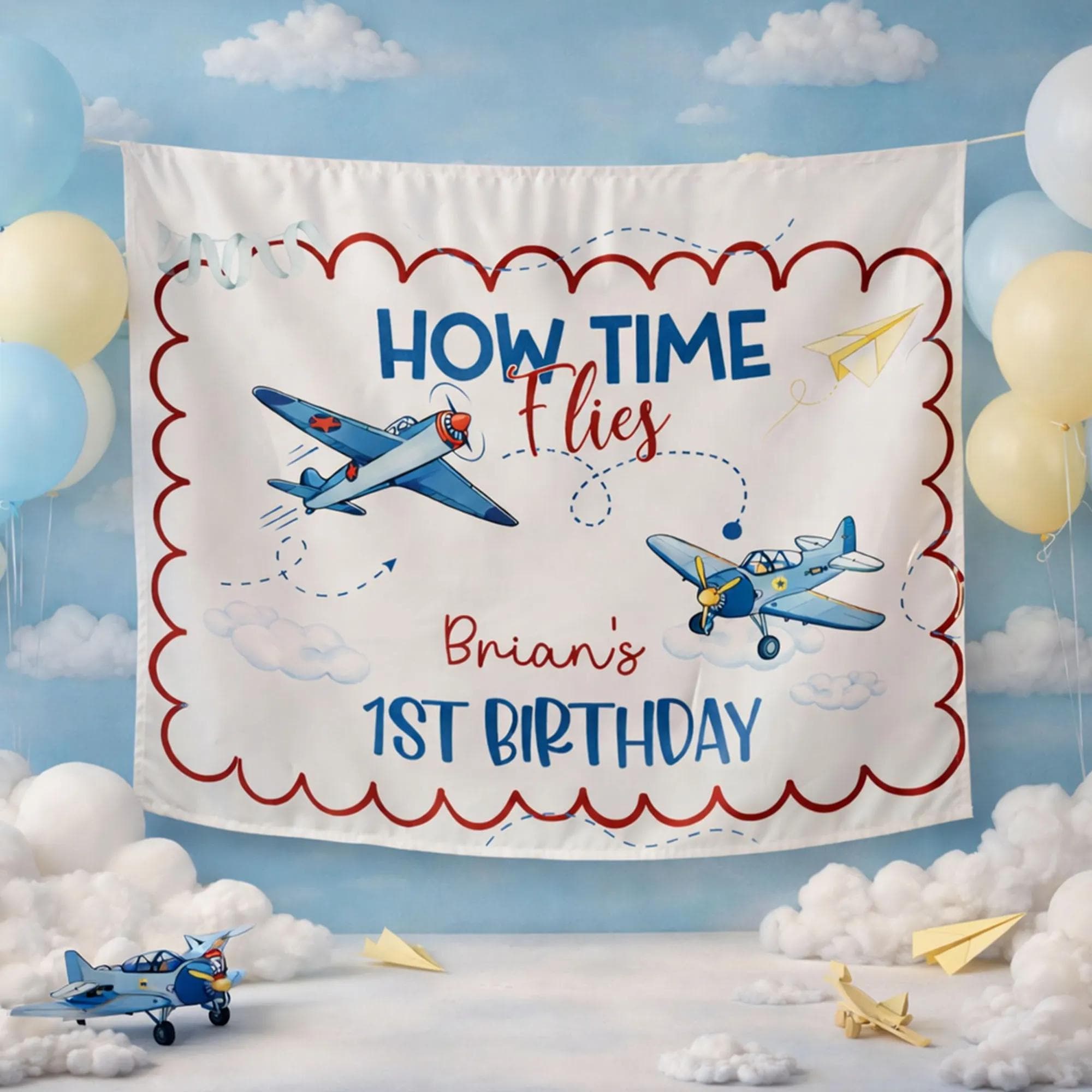 Personalized How Time Flies 1st Birthday Banner Airplane Theme Party Sign Red Scalloped Border Boy Baby Birthday Decor Custom Name
