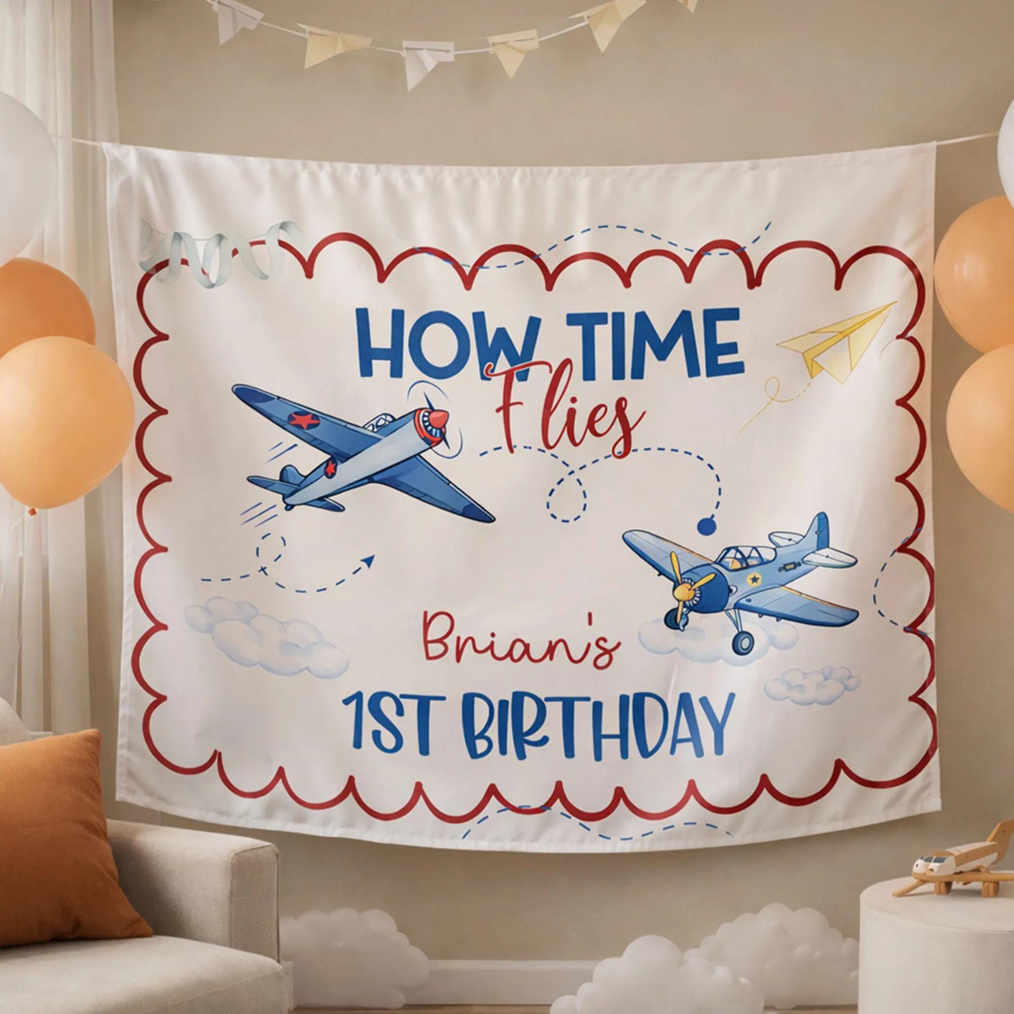 Personalized How Time Flies 1st Birthday Banner Airplane Theme Party Sign Red Scalloped Border Boy Baby Birthday Decor Custom Name