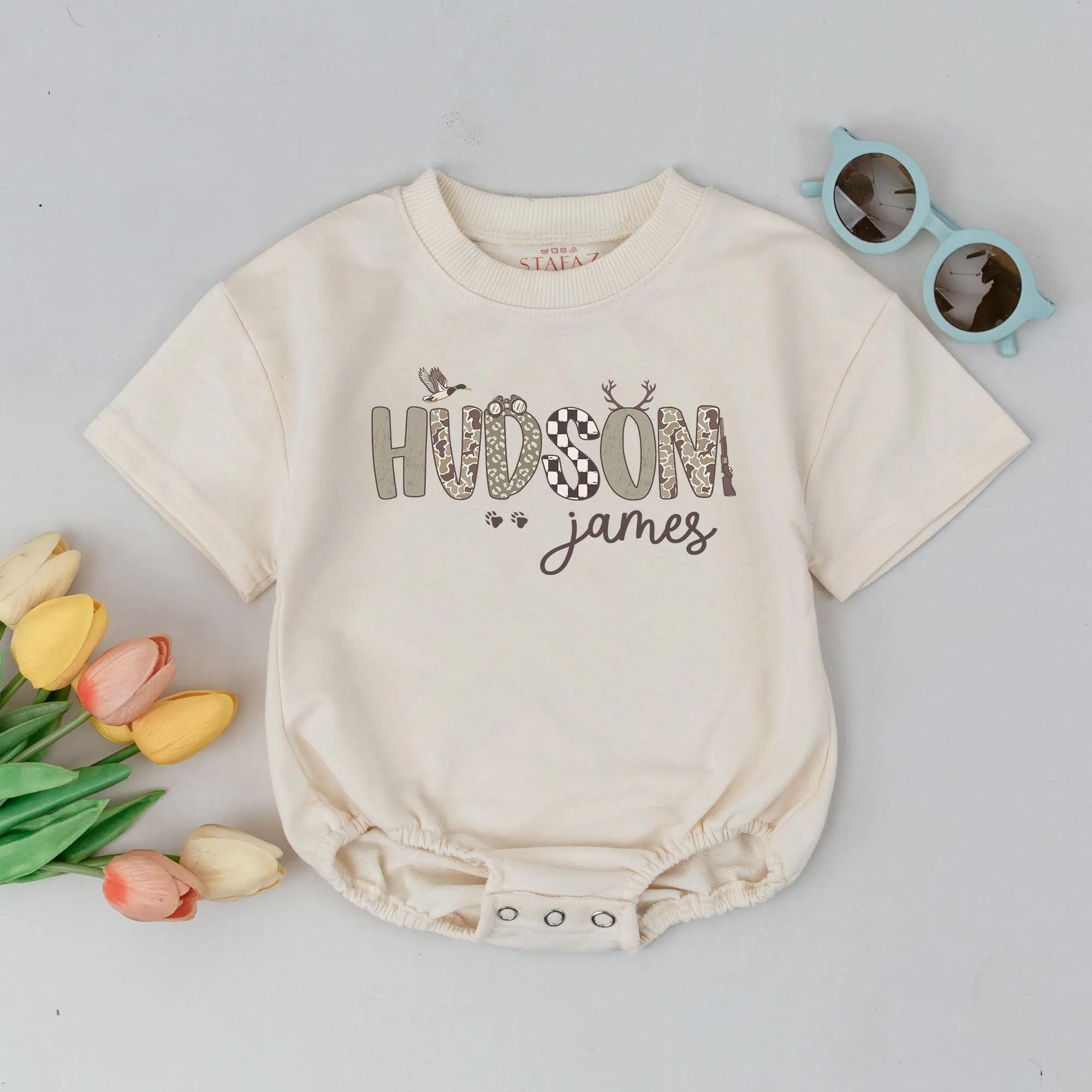 Personalized Hudson Baby Romper with Camo and Rustic Antler Design Custom Name Outfit Perfect Southern Boy Gift or Woodland Baby Shower