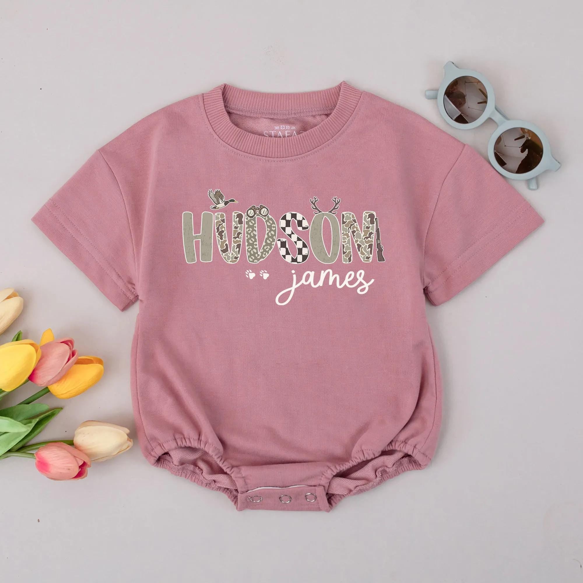 Personalized Hudson Baby Romper with Camo and Rustic Antler Design Custom Name Outfit Perfect Southern Boy Gift or Woodland Baby Shower
