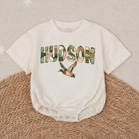 Personalized Hudson Baby Romper with Mallard Duck Design Rustic Gingham Pattern Southern Boys Hunting Outfit Soft Cotton Gift Idea