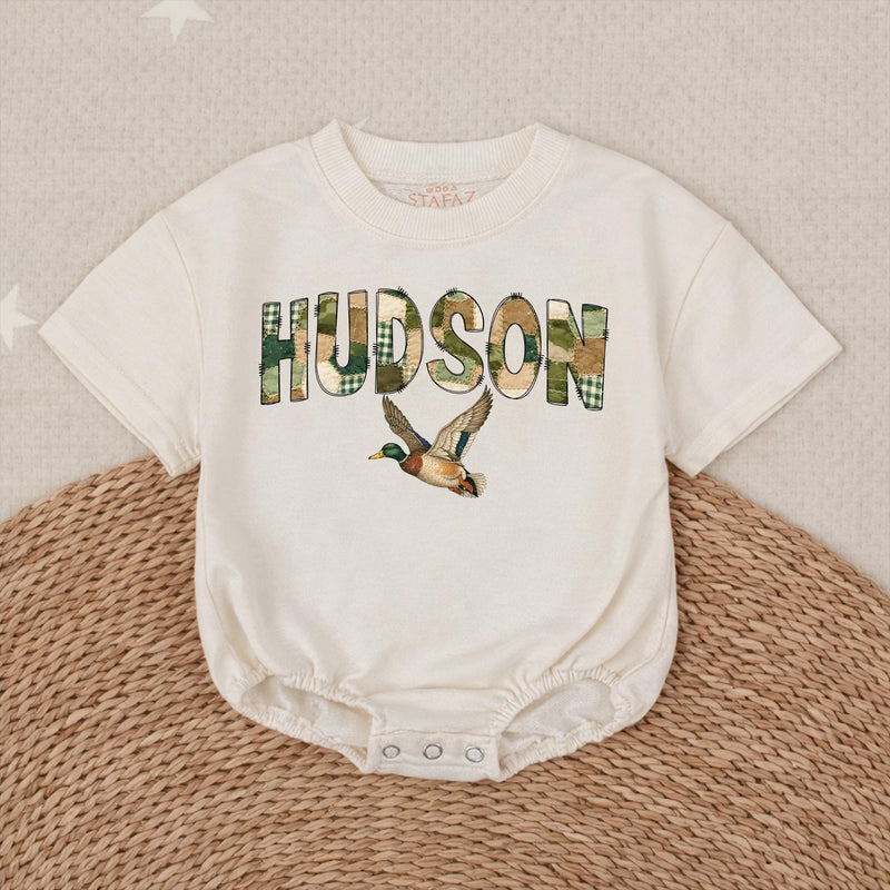 Personalized Hudson Baby Romper with Mallard Duck Design Rustic Gingham Pattern Southern Boys Hunting Outfit Soft Cotton Gift Idea