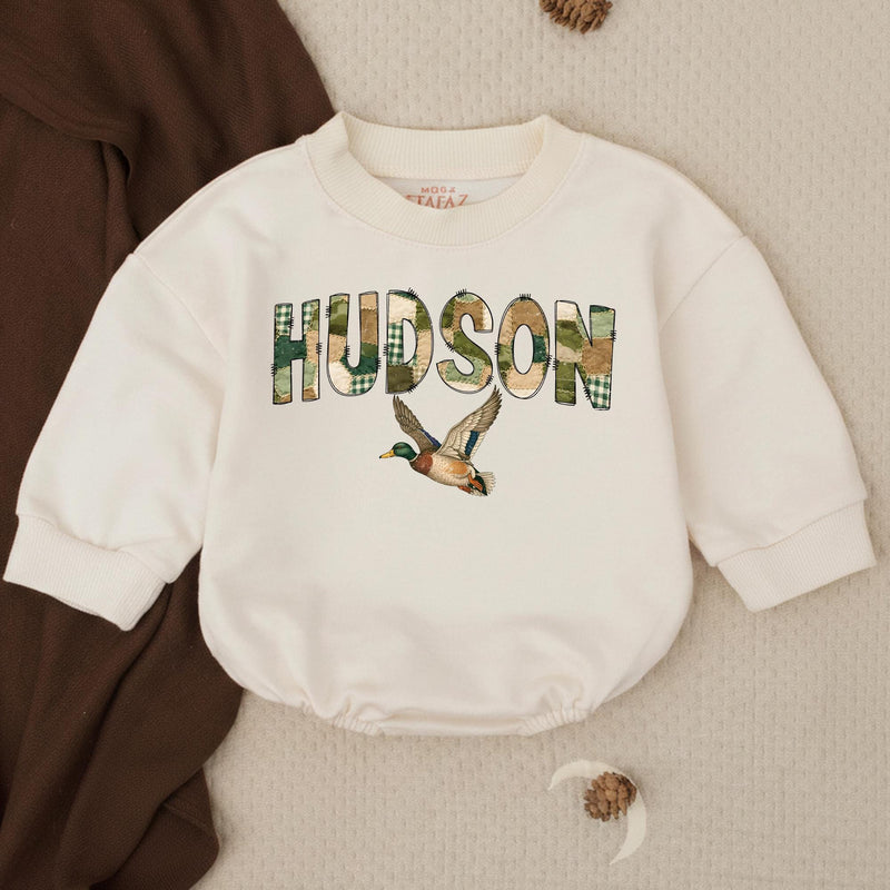 Personalized Hudson Baby Romper with Mallard Duck Design Rustic Gingham Pattern Southern Boys Hunting Outfit Soft Cotton Gift Idea