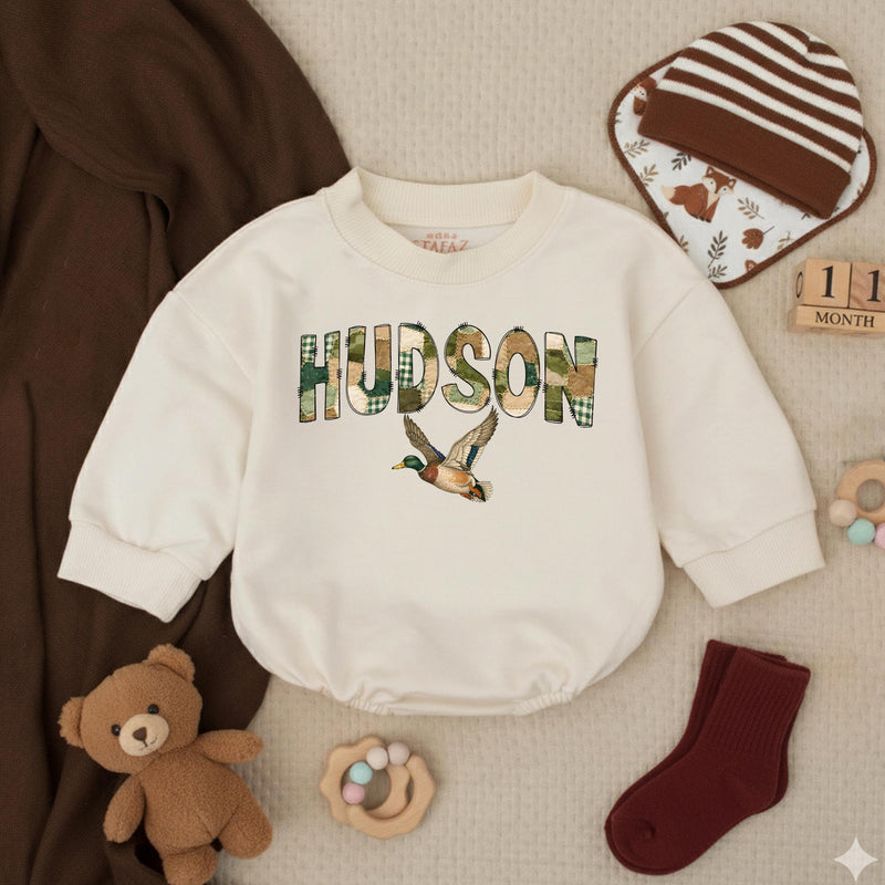 Personalized Hudson Baby Romper with Mallard Duck Design Rustic Gingham Pattern Southern Boys Hunting Outfit Soft Cotton Gift Idea