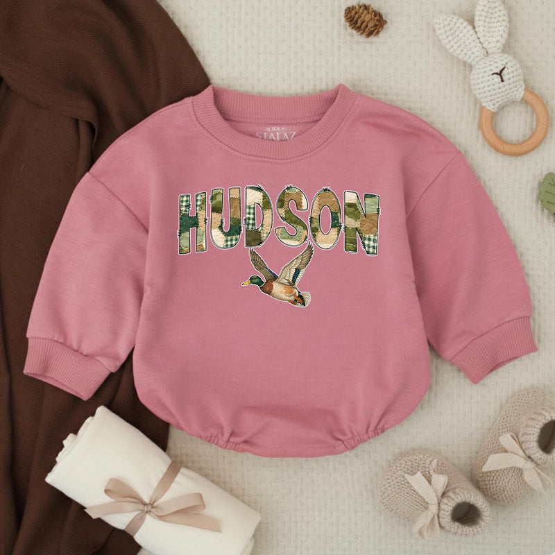 Personalized Hudson Baby Romper with Mallard Duck Design Rustic Gingham Pattern Southern Boys Hunting Outfit Soft Cotton Gift Idea