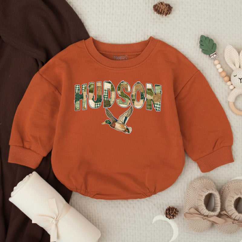 Personalized Hudson Baby Romper with Mallard Duck Design Rustic Gingham Pattern Southern Boys Hunting Outfit Soft Cotton Gift Idea
