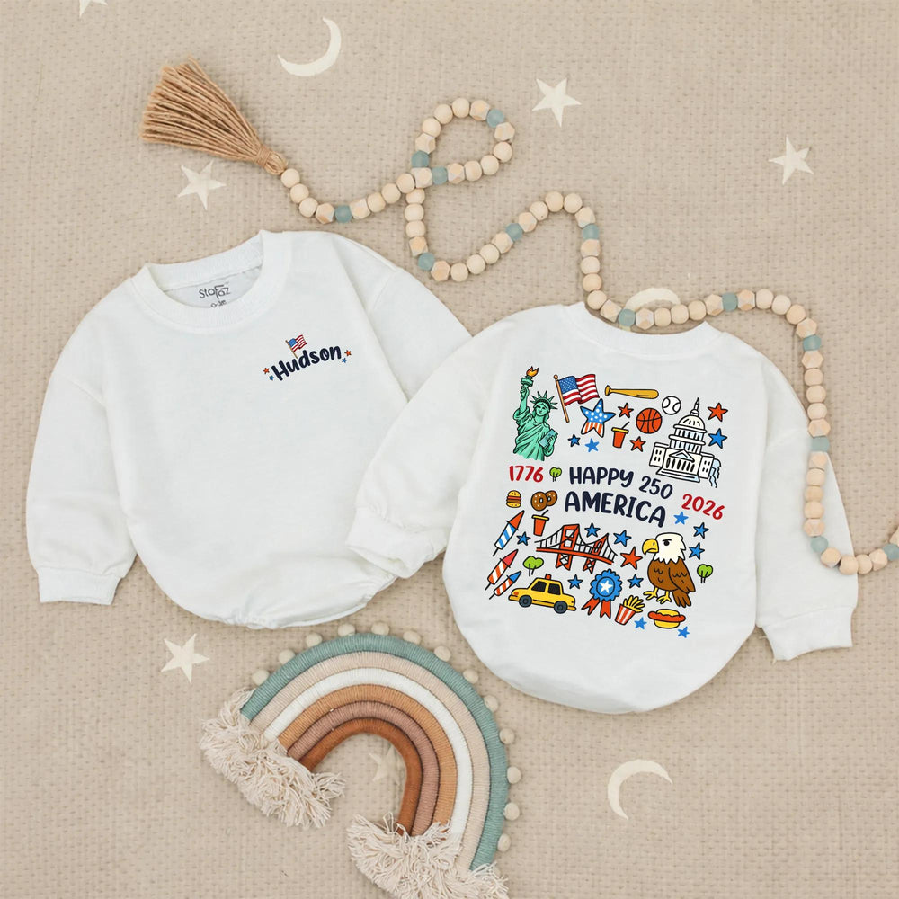 Personalized Hudson Baby Romper Soft Cotton Fourth of July Outfit Independence Day Infant Patriotic USA Bubble Bodysuit Custom Gift