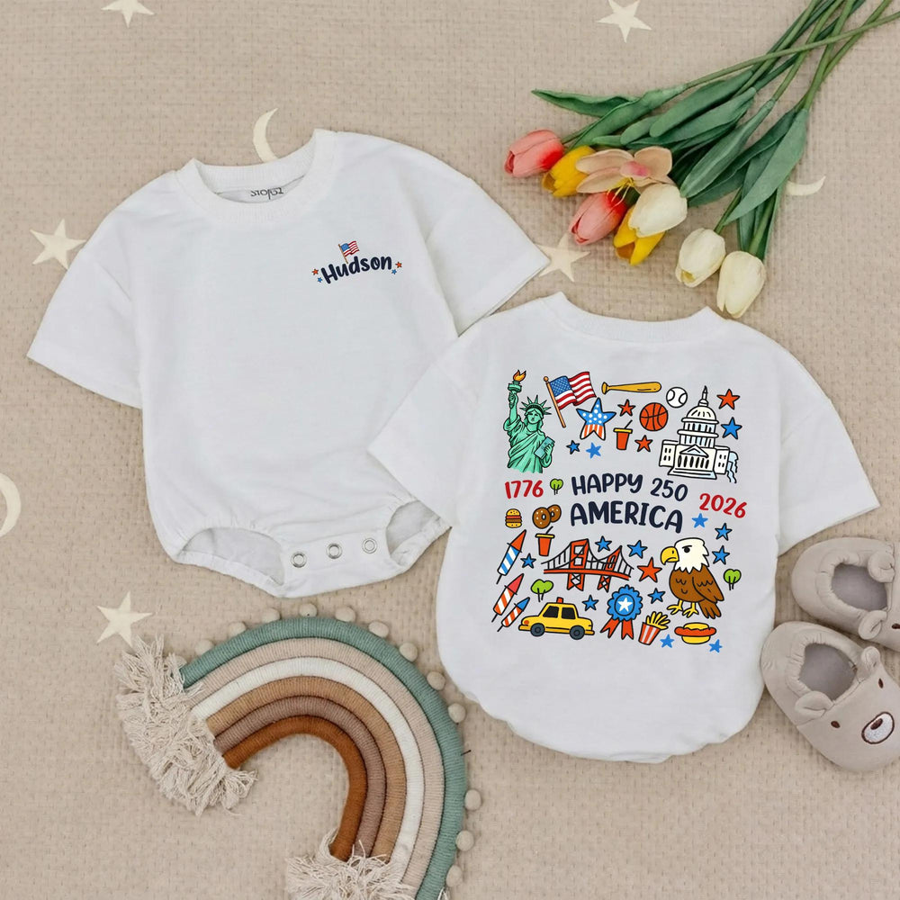 Personalized Hudson Baby Romper Soft Cotton Fourth of July Outfit Independence Day Infant Patriotic USA Bubble Bodysuit Custom Gift