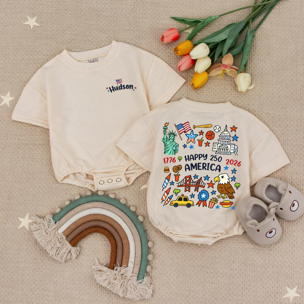 Personalized Hudson Baby Romper Soft Cotton Fourth of July Outfit Independence Day Infant Patriotic USA Bubble Bodysuit Custom Gift