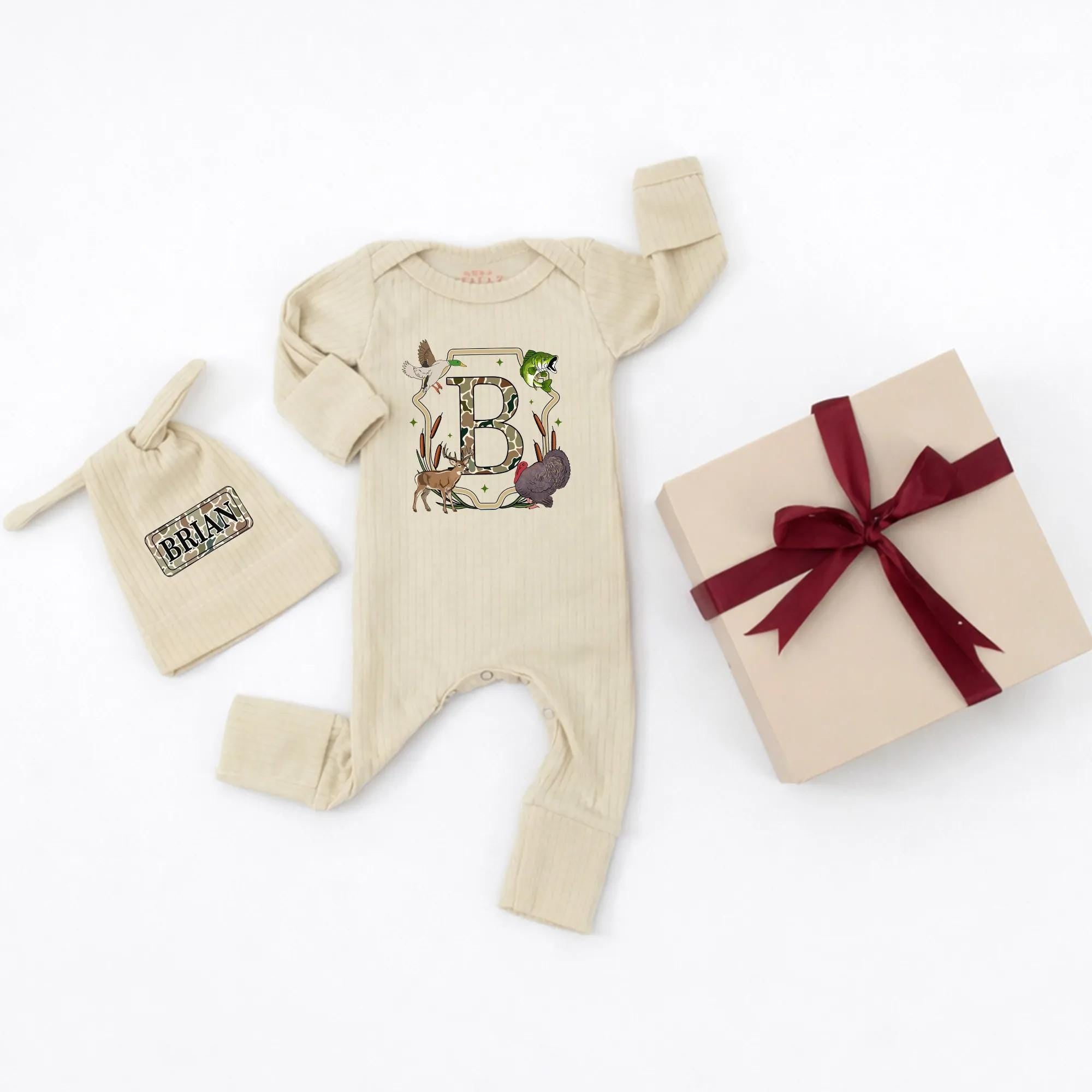 Personalized Hunting Baby Bodysuit with Name, Woodland Animals Design Duck Deer Fish Turkey, Rustic Camouflage Newborn Gift Outfit