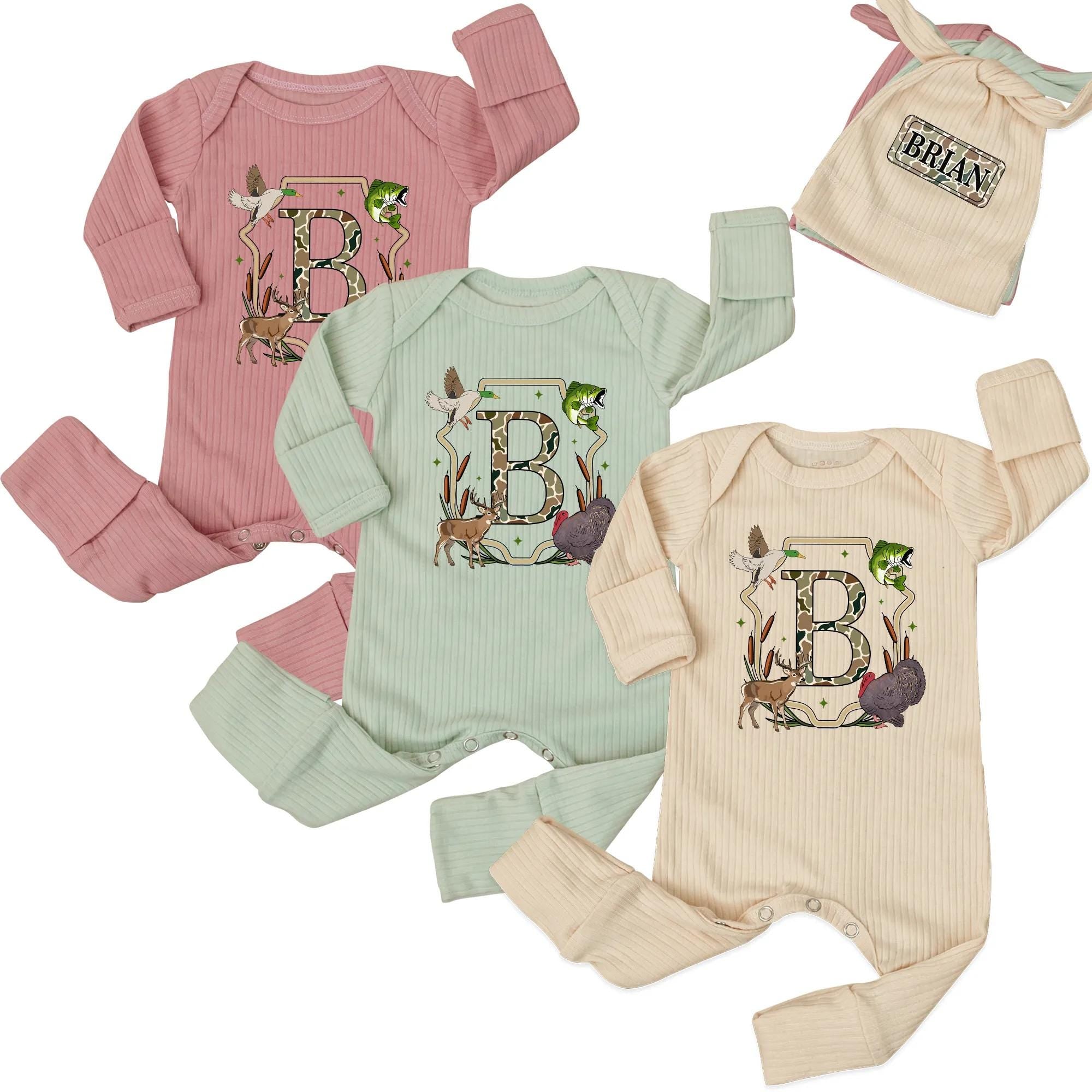 Personalized Hunting Baby Bodysuit with Name, Woodland Animals Design Duck Deer Fish Turkey, Rustic Camouflage Newborn Gift Outfit