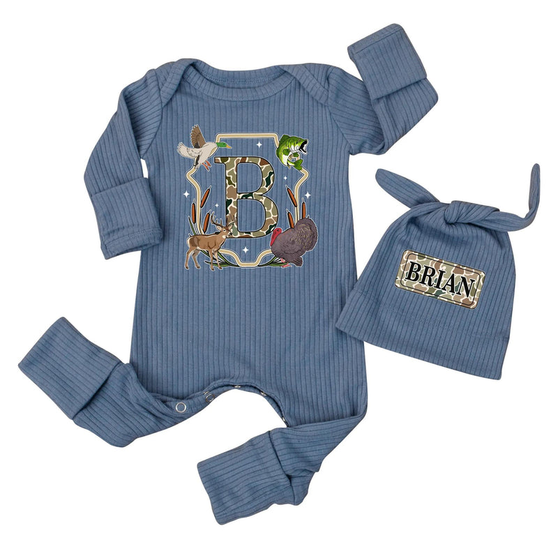 Personalized Hunting Baby Bodysuit with Name, Woodland Animals Design Duck Deer Fish Turkey, Rustic Camouflage Newborn Gift Outfit