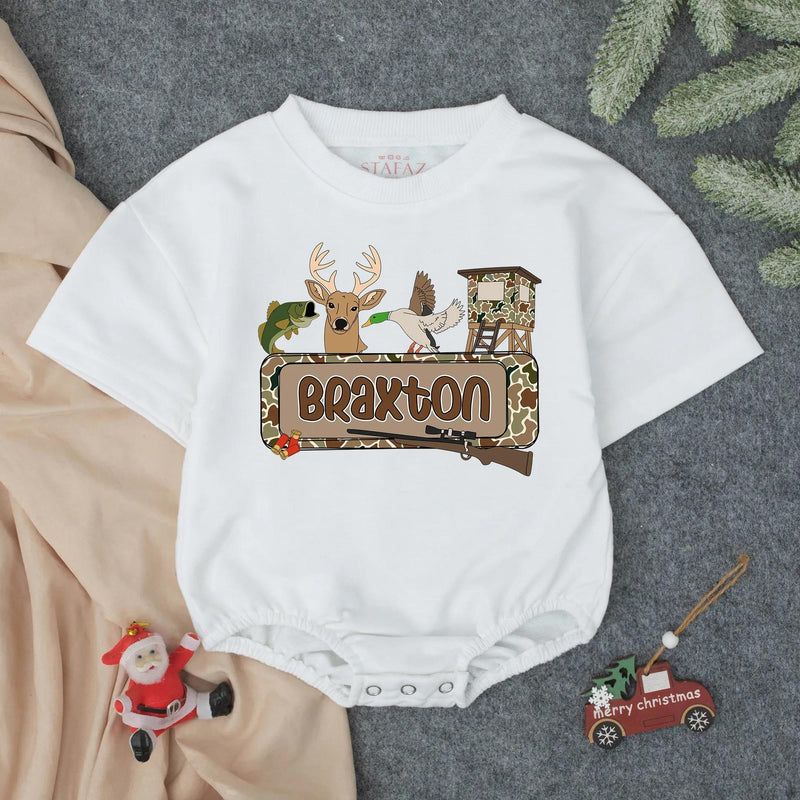 Personalized Hunting Baby Romper Deer Duck Camo Outfit Southern Infant Shower Gift Custom Name Braxton Outdoorsy Infant Clothes