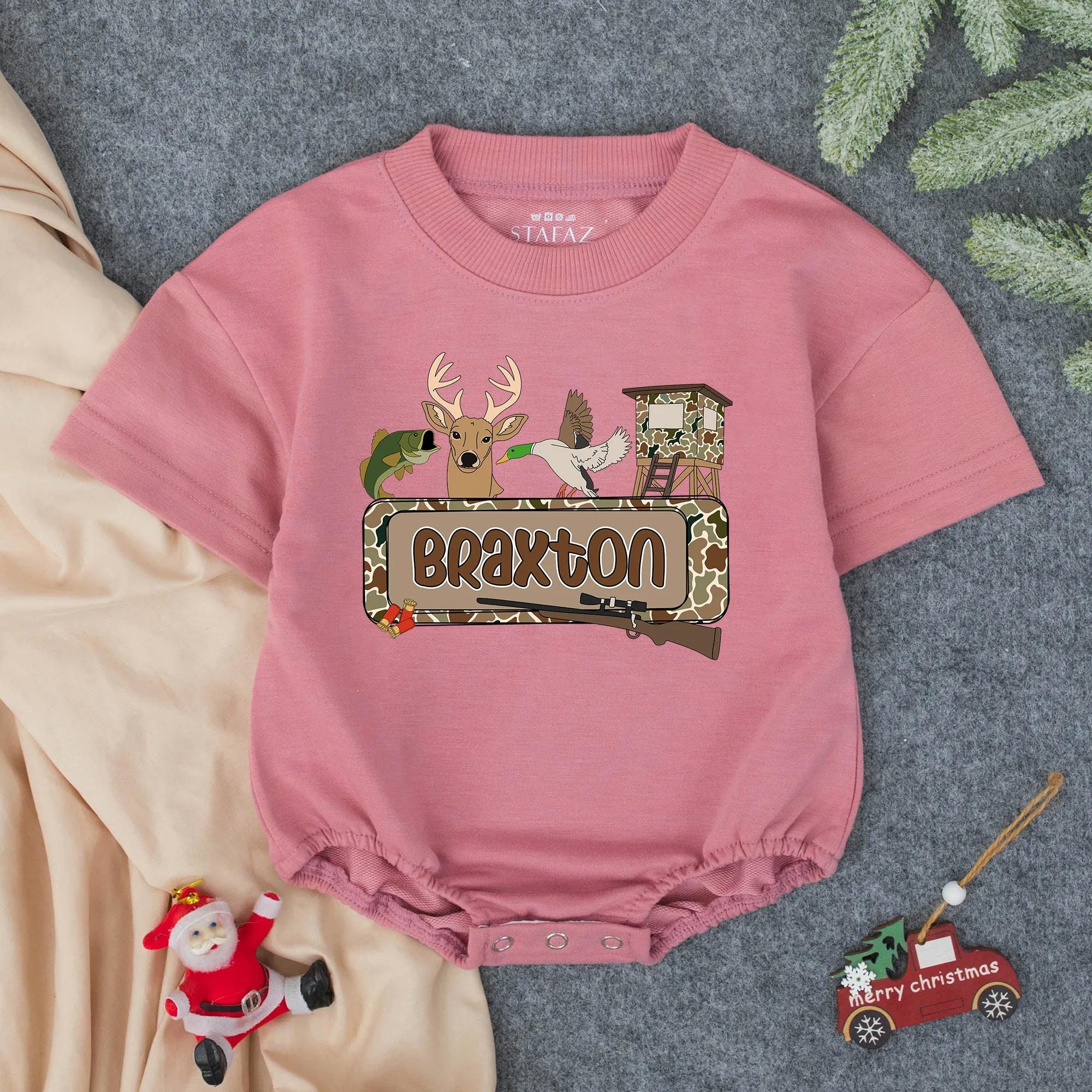 Personalized Hunting Baby Romper Deer Duck Camo Outfit Southern Infant Shower Gift Custom Name Braxton Outdoorsy Infant Clothes
