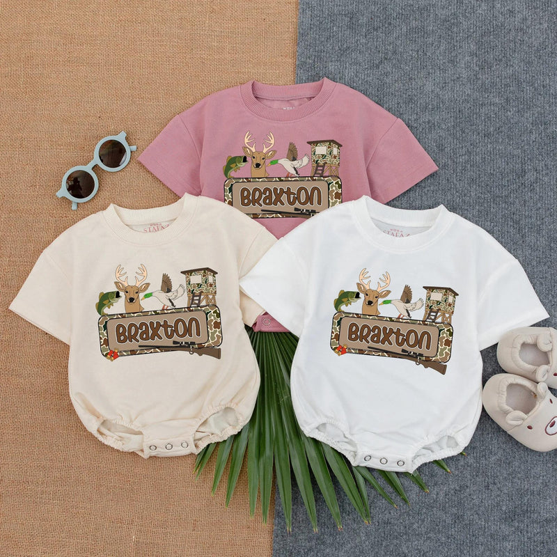 Personalized Hunting Baby Romper Deer Duck Camo Outfit Southern Infant Shower Gift Custom Name Braxton Outdoorsy Infant Clothes