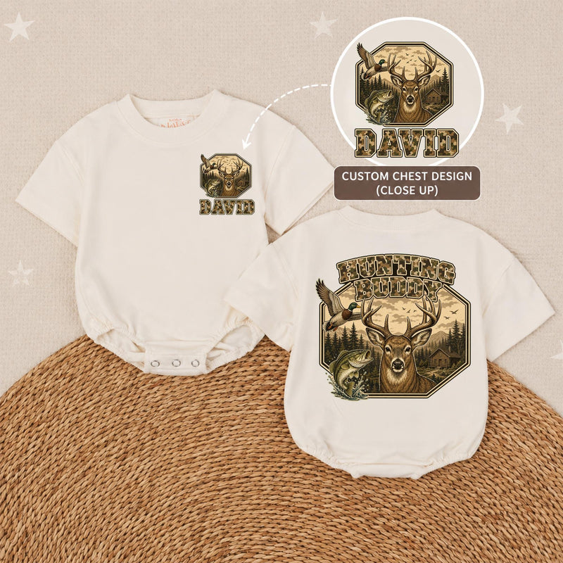 Personalized Hunting Buddy Baby Romper with Deer and Nature Scene, Custom Name Camo Outfit for Baby Boy, Soft Cotton, Matching Family Style