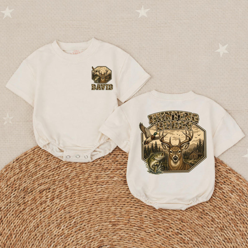Personalized Hunting Buddy Baby Romper with Deer and Nature Scene, Custom Name Camo Outfit for Baby Boy, Soft Cotton, Matching Family Style