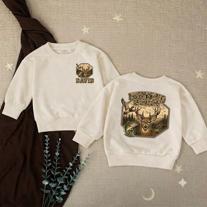 Personalized Hunting Buddy Baby Romper with Deer and Nature Scene, Custom Name Camo Outfit for Baby Boy, Soft Cotton, Matching Family Style