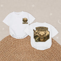 Personalized Hunting Buddy Baby Romper with Deer and Nature Scene, Custom Name Camo Outfit for Baby Boy, Soft Cotton, Matching Family Style