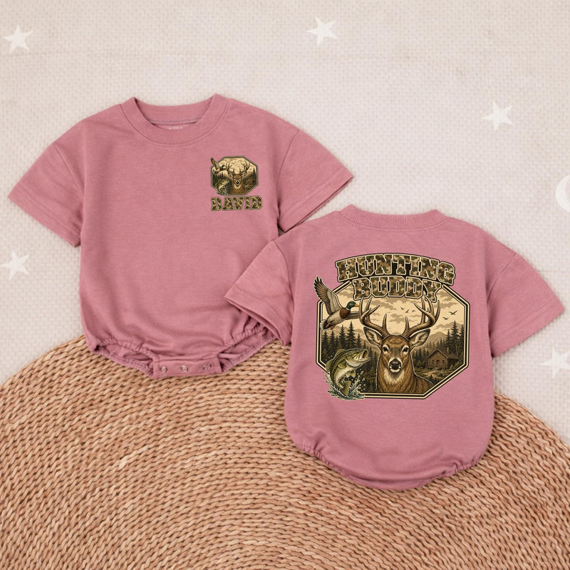 Personalized Hunting Buddy Baby Romper with Deer and Nature Scene, Custom Name Camo Outfit for Baby Boy, Soft Cotton, Matching Family Style