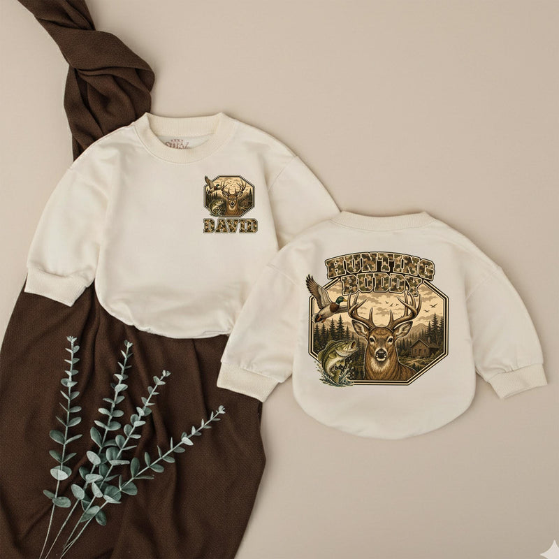 Personalized Hunting Buddy Baby Romper with Deer and Nature Scene, Custom Name Camo Outfit for Baby Boy, Soft Cotton, Matching Family Style