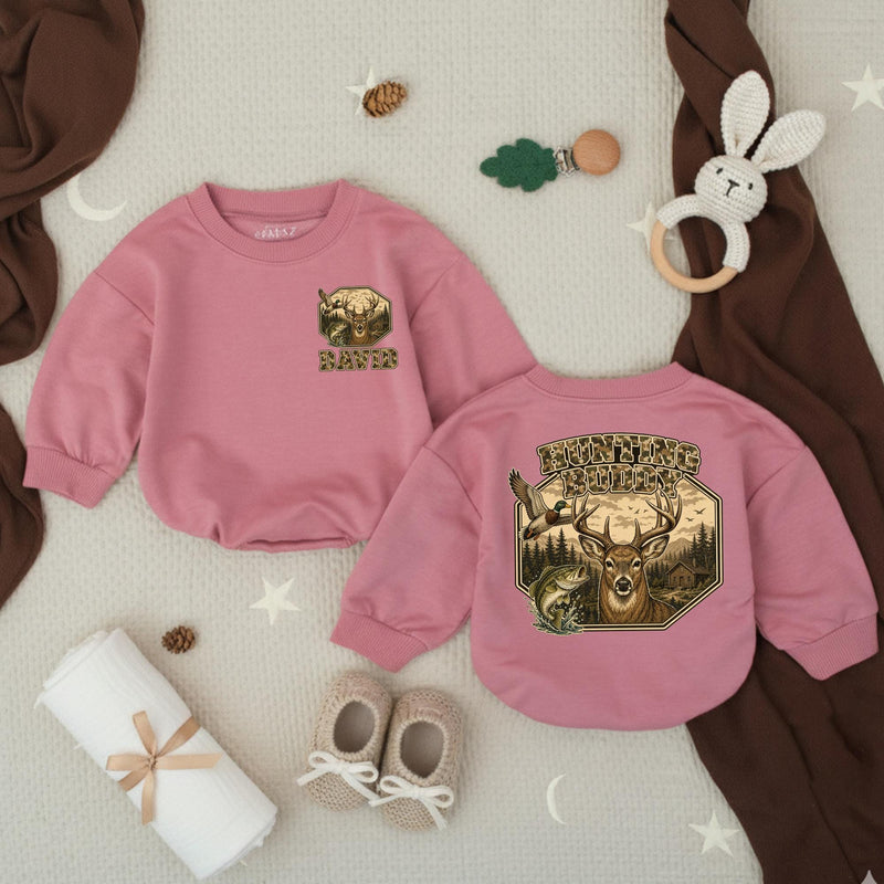 Personalized Hunting Buddy Baby Romper with Deer and Nature Scene, Custom Name Camo Outfit for Baby Boy, Soft Cotton, Matching Family Style