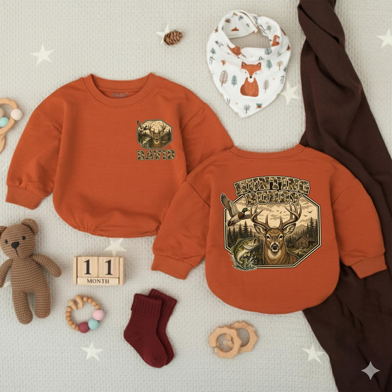 Personalized Hunting Buddy Baby Romper with Deer and Nature Scene, Custom Name Camo Outfit for Baby Boy, Soft Cotton, Matching Family Style