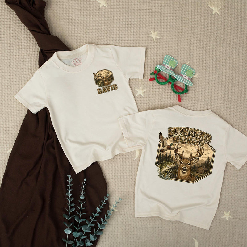 Personalized Hunting Buddy Baby Romper with Deer and Nature Scene, Custom Name Camo Outfit for Baby Boy, Soft Cotton, Matching Family Style