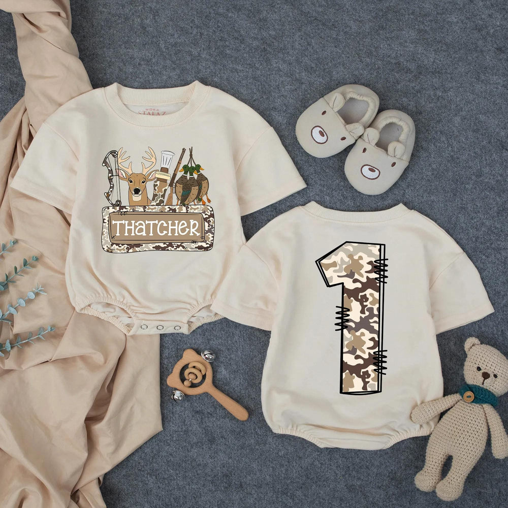 Personalized Hunting Camo First Birthday Outfit for Baby Boy with Deer Head and Woodland Graphics, Cake Smash Romper Party Outfit