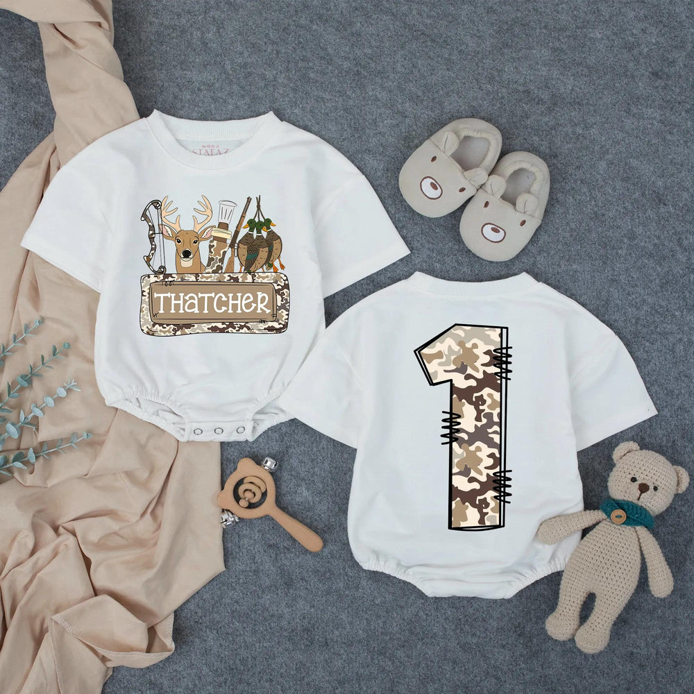Personalized Hunting Camo First Birthday Outfit for Baby Boy with Deer Head and Woodland Graphics, Cake Smash Romper Party Outfit