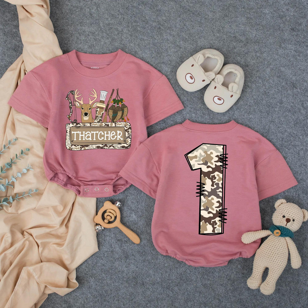 Personalized Hunting Camo First Birthday Outfit for Baby Boy with Deer Head and Woodland Graphics, Cake Smash Romper Party Outfit