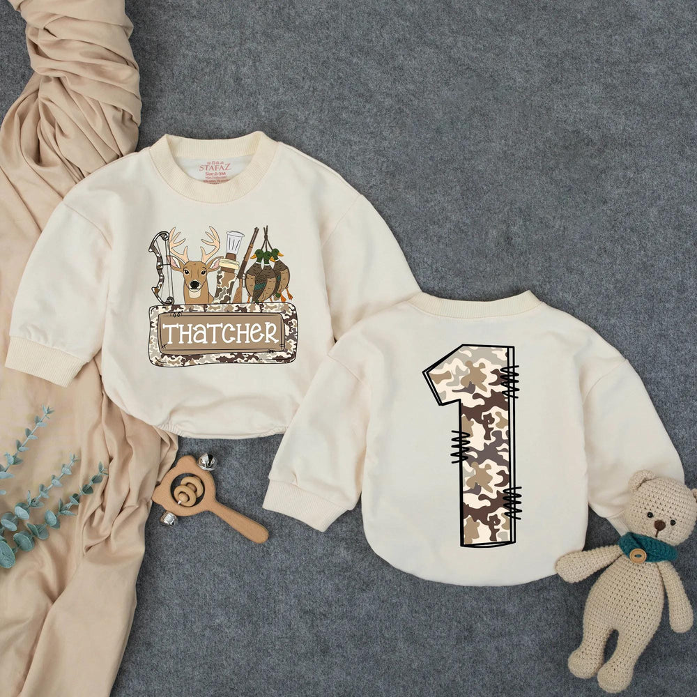 Personalized Hunting Camo First Birthday Outfit for Baby Boy with Deer Head and Woodland Graphics, Cake Smash Romper Party Outfit