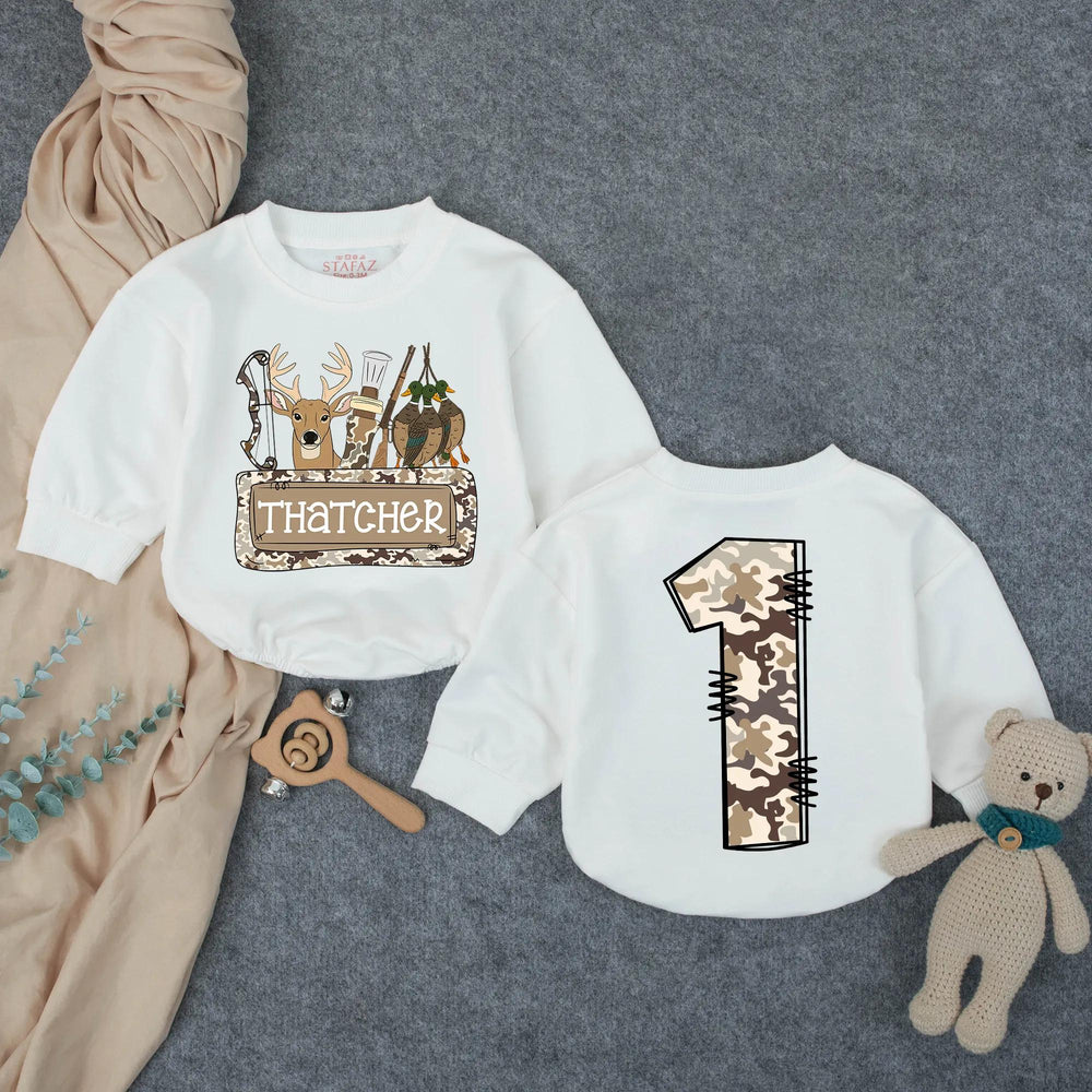 Personalized Hunting Camo First Birthday Outfit for Baby Boy with Deer Head and Woodland Graphics, Cake Smash Romper Party Outfit