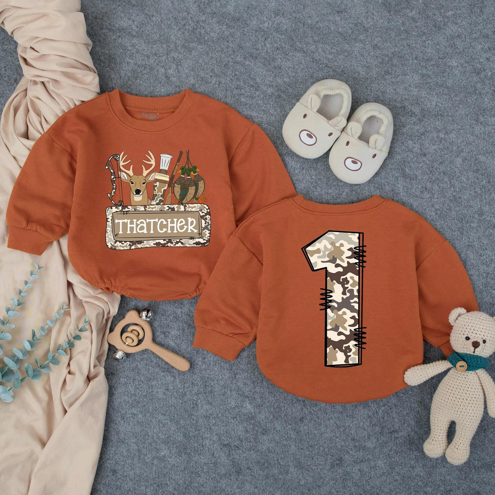 Personalized Hunting Camo First Birthday Outfit for Baby Boy with Deer Head and Woodland Graphics, Cake Smash Romper Party Outfit